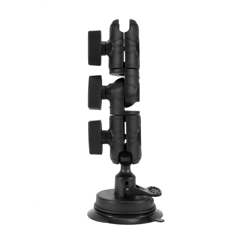 The OCTO™ Series Ratcheting Suction Mount, shown in a vertical side view against a white background, is a black adjustable phone/tablet holder with three pivoting joints and large tightening knobs.