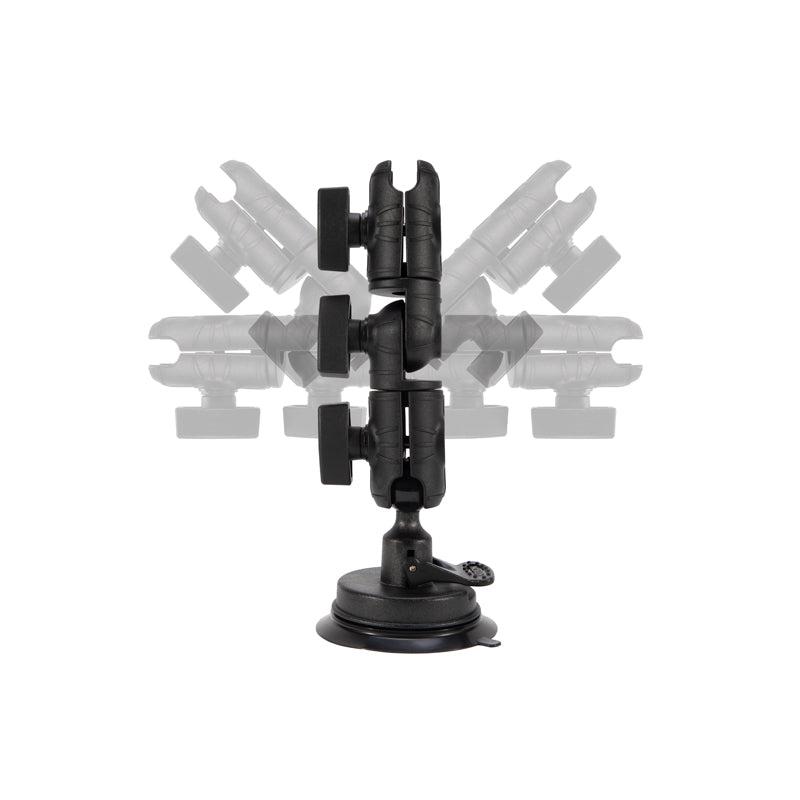 The OCTO™ Series Ratcheting Suction Mount in black features an adjustable design with a suction cup base. The mount is shown from various angles to highlight its range of motion, with the main unit in focus and others faded in the background.
