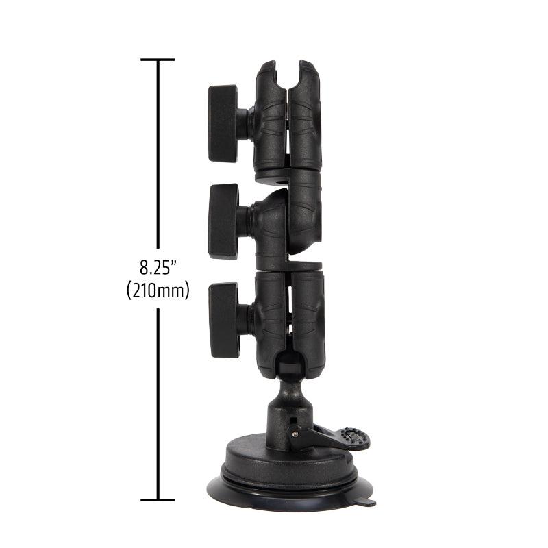 Side view of the OCTO™ Series Ratcheting Suction Mount in black, featuring three adjustable joints and a total height of 8.25 inches (210mm).