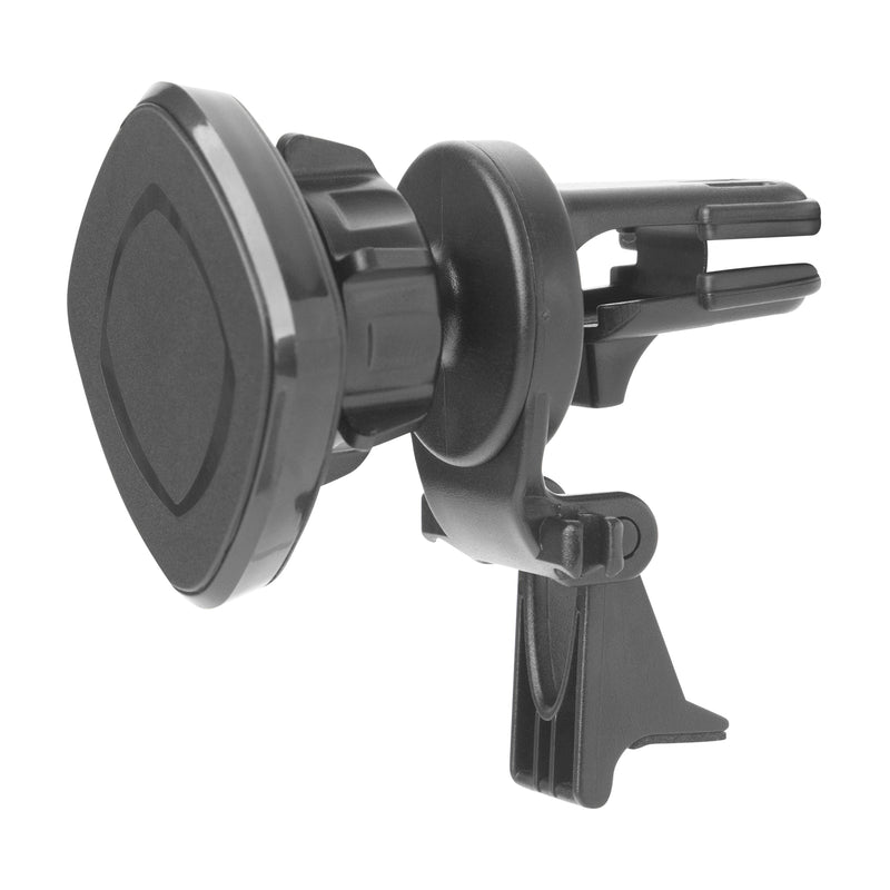The Magnetic Holder with Vent Mount is a black phone holder featuring a round base and adjustable clip for secure attachment to your vehicles air vent.