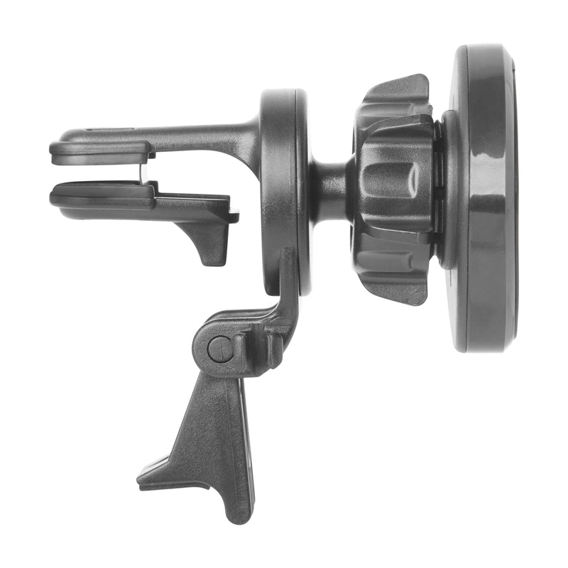 Side view of the Magnetic Holder with Vent Mount in black plastic, featuring an adjustable air vent clip and a round magnetic pad to securely hold your smartphone.