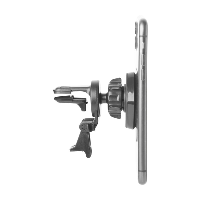 A smartphone is mounted on the Magnetic Holder with Vent Mount, shown in side view against a white background. This black car vent accessory securely attaches the phone using a circular magnetic mechanism.
