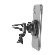 A Magnetic Holder with Vent Mount is seen attached to the back of a gray smartphone, displaying a side view of both the black mount and phone against a white background.