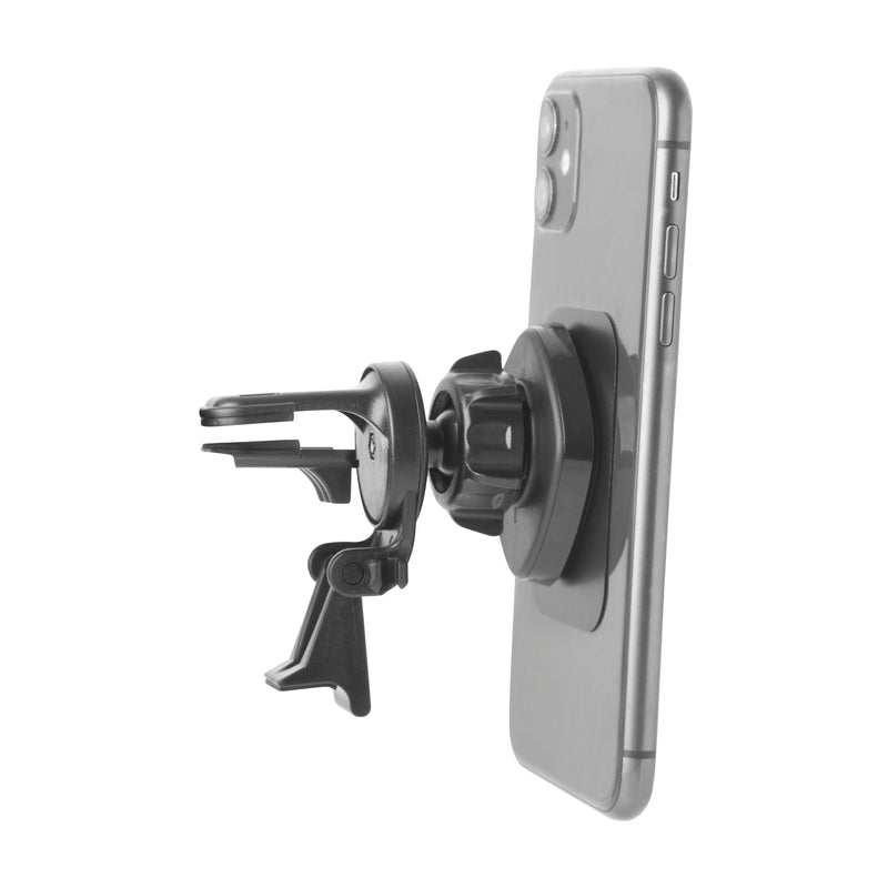 A Magnetic Holder with Vent Mount is seen attached to the back of a gray smartphone, displaying a side view of both the black mount and phone against a white background.
