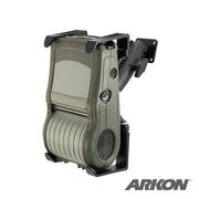 The Portable Mobile Printer Car Truck Drill Base Mount for Zebra, Epson, Brother Printers features a military-style olive green body with a ribbed bottom, clear window, ARKON logo, and adjustable wall bracket arms.