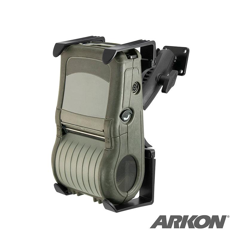 The Portable Mobile Printer Car Truck Drill Base Mount for Zebra, Epson, Brother Printers features a military-style olive green body with a ribbed bottom, clear window, ARKON logo, and adjustable wall bracket arms.