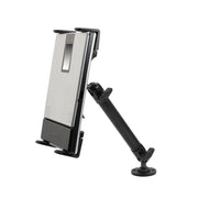 A black adjustable arm holds a Portable Mobile Printer Car & Truck Mount with Drill Base for Zebra, Epson, and Brother printers, featuring a rectangular device with a display in a clamp-style mount for secure on-the-go use.