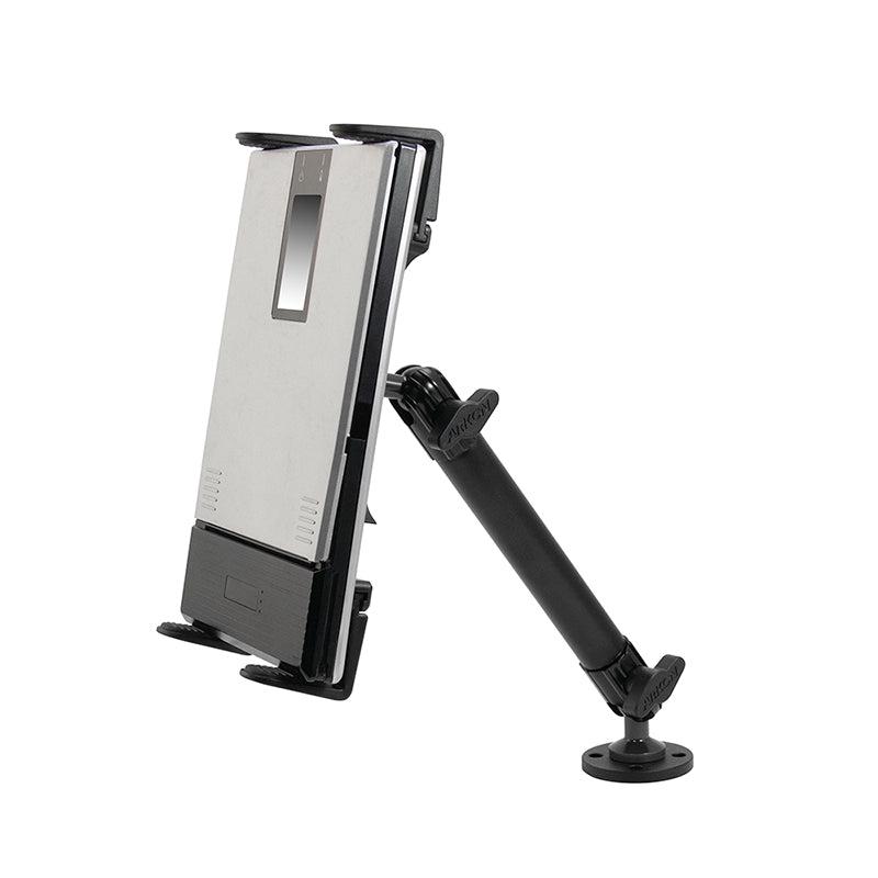 A black adjustable arm holds a Portable Mobile Printer Car & Truck Mount with Drill Base for Zebra, Epson, and Brother printers, featuring a rectangular device with a display in a clamp-style mount for secure on-the-go use.