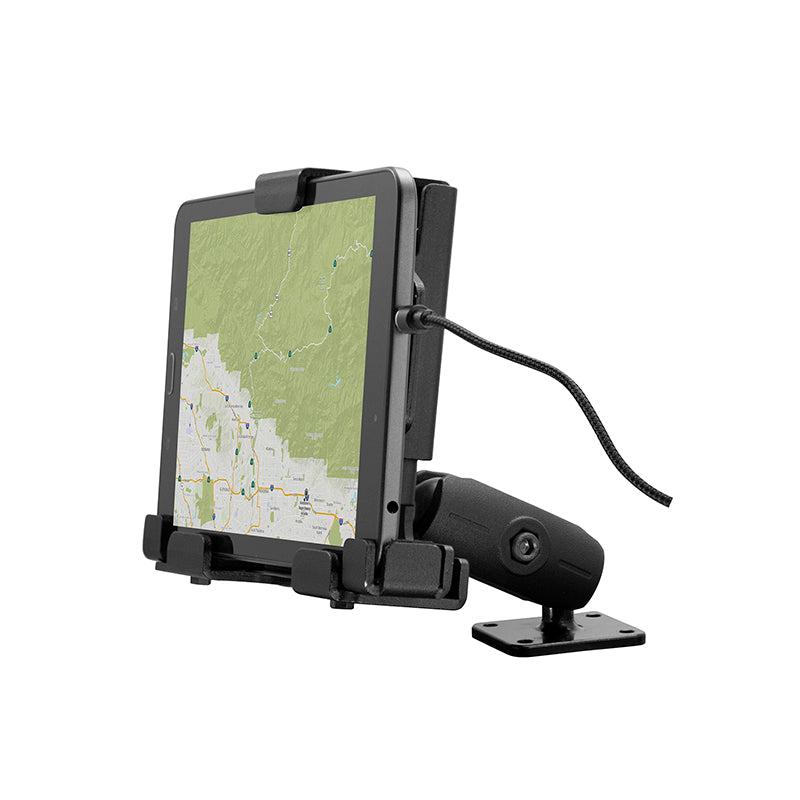 The LockVise™ Metal Locking Tablet Mount with Drill Base and Magnetic Micro USB Cable securely holds a tablet with a map display. The black commercial mount features a swivel arm on a flat base, all shown against a plain white background.