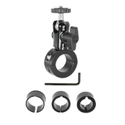 The Premium Aluminum Motorcycle Handlebar Camera Mount, shown in black with a tightening knob, includes three circular adapters and a hex key tool—perfect for mounting cameras on handlebars. All items are displayed on a white background.