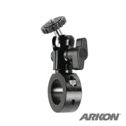 The Premium Aluminum Motorcycle Handlebar Camera Mount is a black adjustable aluminum mount with a circular clamp base and tightening knob, ideal for attaching cameras to poles, bicycle handlebars, or motorcycles. The ARKON logo is shown in the bottom right corner.