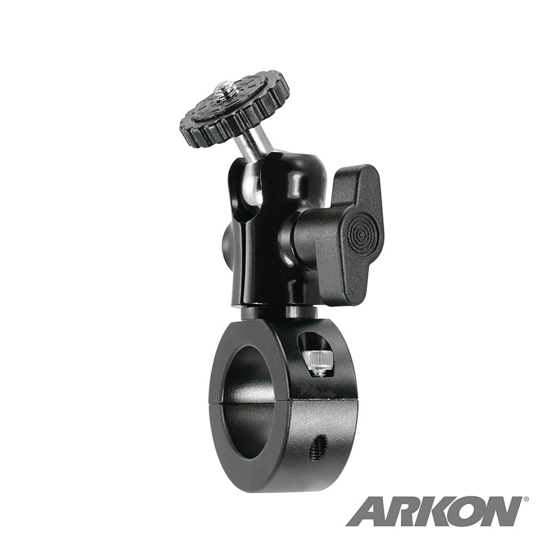 The Premium Aluminum Motorcycle Handlebar Camera Mount is a black adjustable aluminum mount with a circular clamp base and tightening knob, ideal for attaching cameras to poles, bicycle handlebars, or motorcycles. The ARKON logo is shown in the bottom right corner.