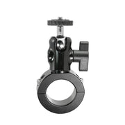 The Premium Aluminum Motorcycle Handlebar Camera Mount is a black aluminum mount with adjustable knobs and side tightening mechanisms, designed for secure attachment to cylindrical objects like motorcycle handlebars.