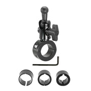 Premium Aluminum Handlebar Mount with 17mm Ball for Garmin nuvi GPS features an adjustable knob, ball joint, four circular inserts for varying tube sizes, and includes an L-shaped hex key to fit different handlebar diameters.