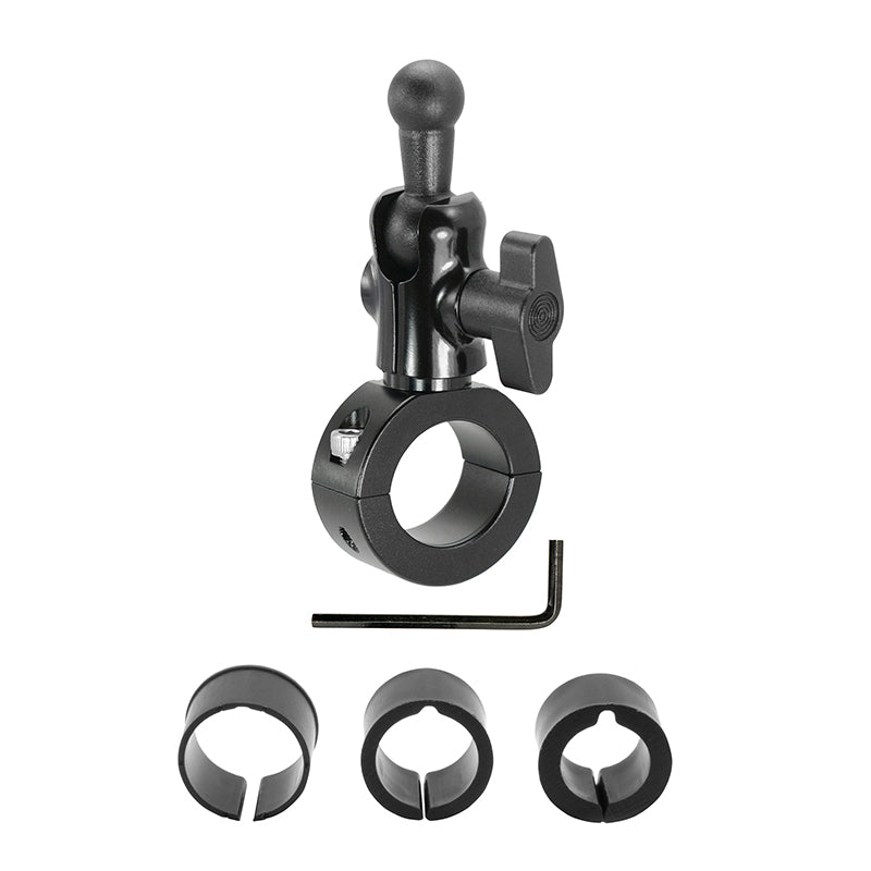 Premium Aluminum Handlebar Mount with 17mm Ball for Garmin nuvi GPS features an adjustable knob, ball joint, four circular inserts for varying tube sizes, and includes an L-shaped hex key to fit different handlebar diameters.