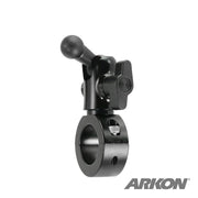 The Premium Aluminum Handlebar Mount with 17mm Ball for Garmin nuvi GPS is a black metal clamp with adjustable knobs for securing devices to tubular surfaces, such as motorcycle handlebars. The Arkon logo appears in the bottom right corner.