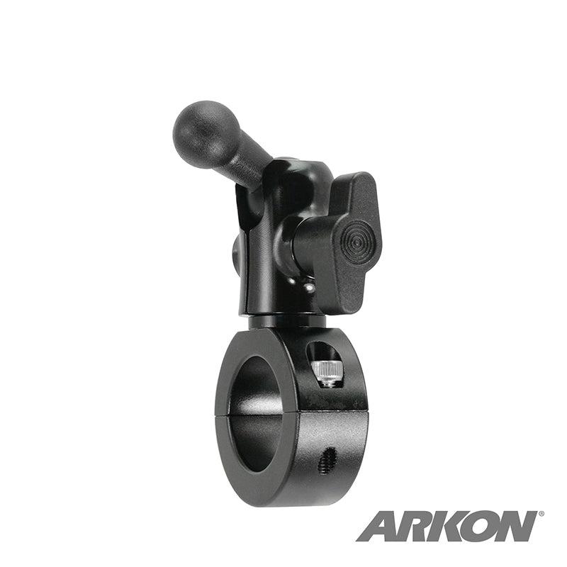 The Premium Aluminum Handlebar Mount with 17mm Ball for Garmin nuvi GPS is a black metal clamp with adjustable knobs for securing devices to tubular surfaces, such as motorcycle handlebars. The Arkon logo appears in the bottom right corner.