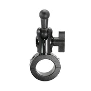The Premium Aluminum Handlebar Mount with 17mm Ball for Garmin nuvi GPS is a black metal clamp featuring a circular opening, top vertical knob, and side locking handle for secure mounting on bike rods or poles.