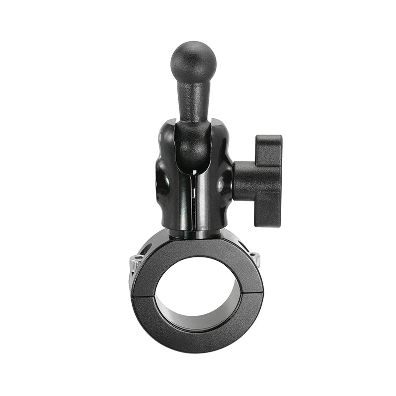 The Premium Aluminum Handlebar Mount with 17mm Ball for Garmin nuvi GPS is a black metal clamp featuring a circular opening, top vertical knob, and side locking handle for secure mounting on bike rods or poles.