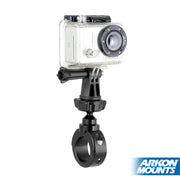 A GoPro HERO action camera in a clear case is attached to the Premium Aluminum Motorcycle Handlebar Mount for GoPro, with the ARKON MOUNTS logo in the corner, highlighting key accessories for GoPro action cameras.