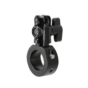 The Premium Aluminum Motorcycle Handlebar Mount Pedestal features a black cylindrical base, adjustable arm, hinge mechanism, and tightening screw. Designed to fit round bars or poles, its 20mm ball compatible for secure motorcycle mounting.