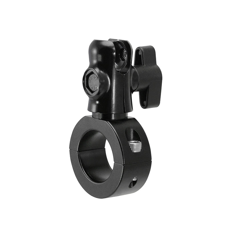 The Premium Aluminum Motorcycle Handlebar Mount Pedestal features a black, adjustable aluminum design with a circular base, pivoting upper section, and 20mm ball compatibility—ideal for mounting accessories on motorcycle handlebars.