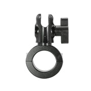 The Premium Aluminum Motorcycle Handlebar Mount Pedestal features a black finish, circular base opening, and vertical attachment point for securing 20mm ball compatible accessories to motorcycle handlebars or tubes.