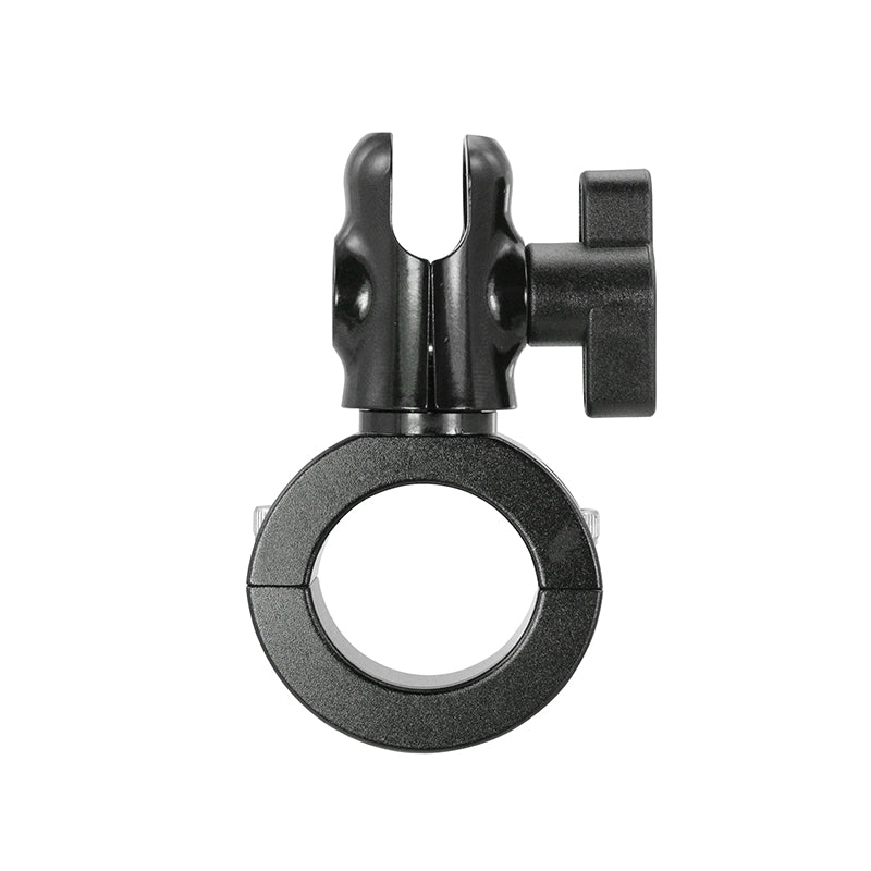 The Premium Aluminum Motorcycle Handlebar Mount Pedestal features a black finish, circular base opening, and vertical attachment point for securing 20mm ball compatible accessories to motorcycle handlebars or tubes.