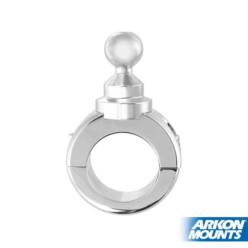 The Premium Motorcycle Handlebar Mount for Garmin GPS - Chrome Aluminum features a metallic circular clamp with a 17mm ball joint, ideal for mounting accessories to your bike. The ARKON MOUNTS logo appears in the bottom right corner.
