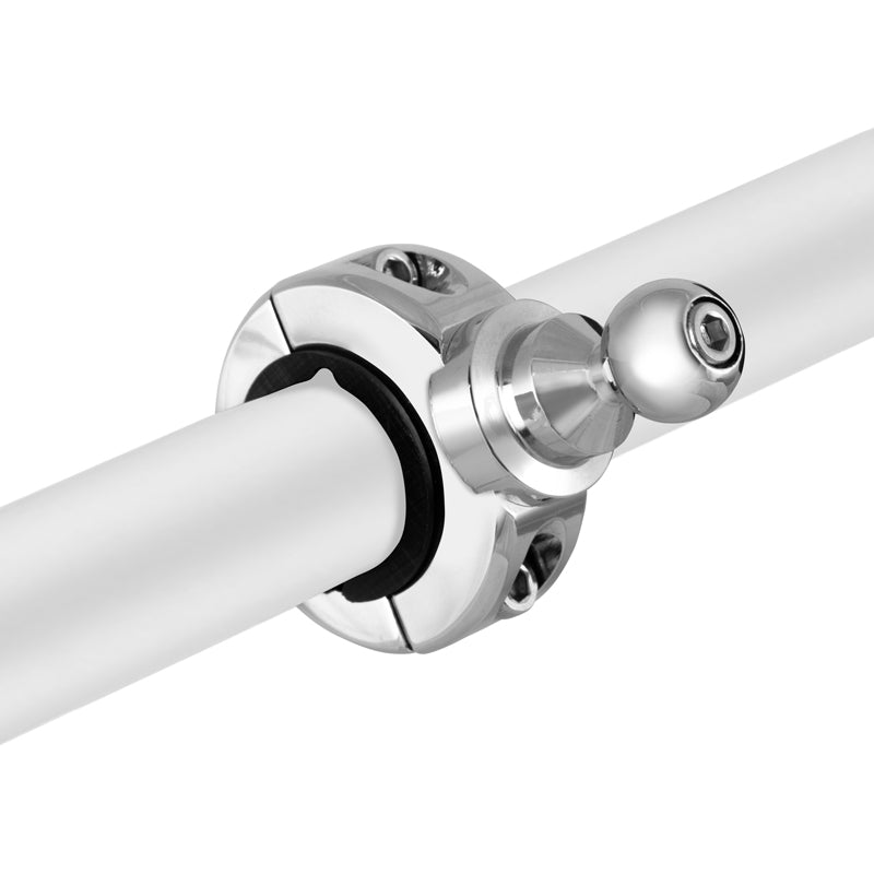 Close-up of the Premium Motorcycle Handlebar Mount for Garmin GPS—chrome aluminum, 17mm ball-compatible, securely joining two white rods at an angle—shown against a plain white background.