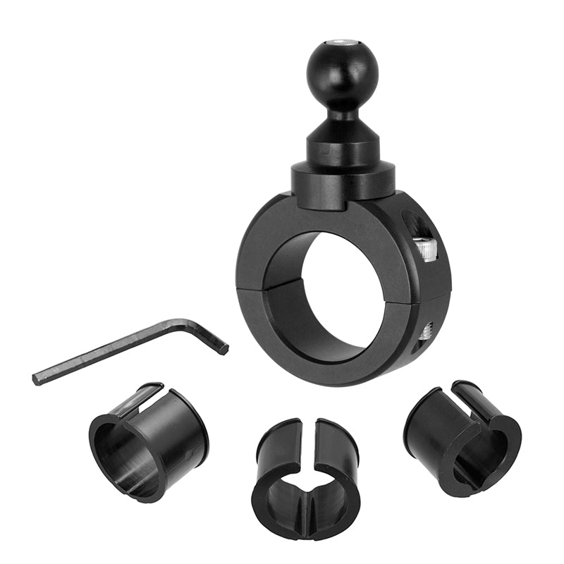 The Premium Motorcycle Handlebar Mount for Garmin nuvi GPS features a black aluminum clamp, ball joint, three size inserts, and an L-shaped hex key—perfect for rugged handlebar mounting—shown on a white background.