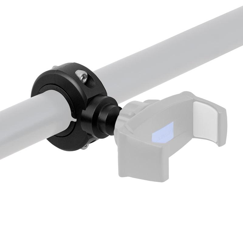 A black Premium Motorcycle Handlebar Mount for Garmin nuvi GPS (aluminum) is attached to a horizontal gray pipe, featuring a semi-transparent gray U-shaped holder connected to the clamp.