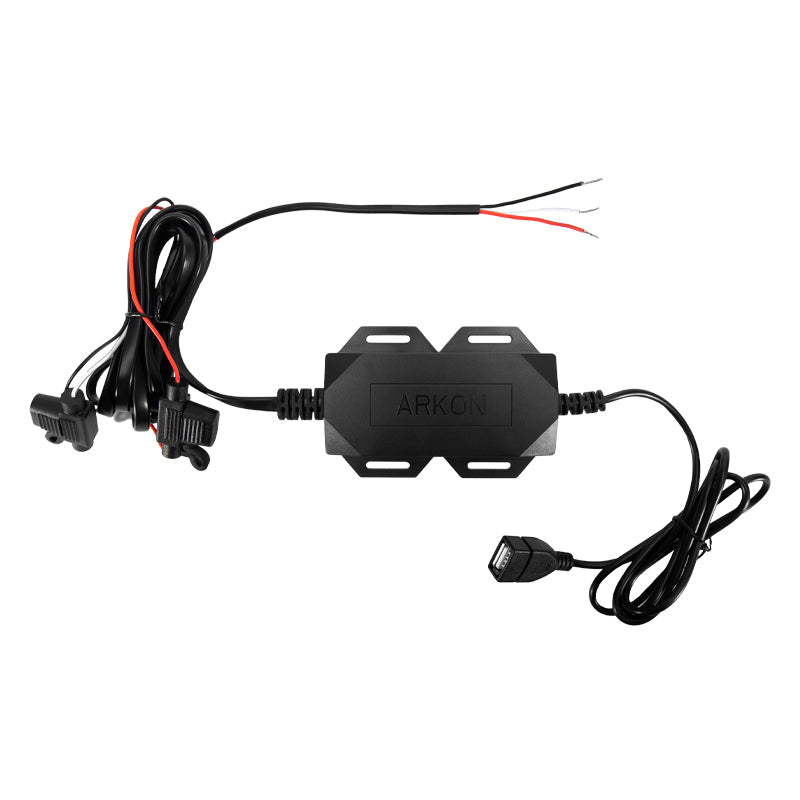 The Quick Charge Hardwire Vehicle Power Adapter with In-Line Fuse, black with exposed red and black wires, twin fuses, and a USB female connector—ideal for fleet trucks—is shown on a white background.