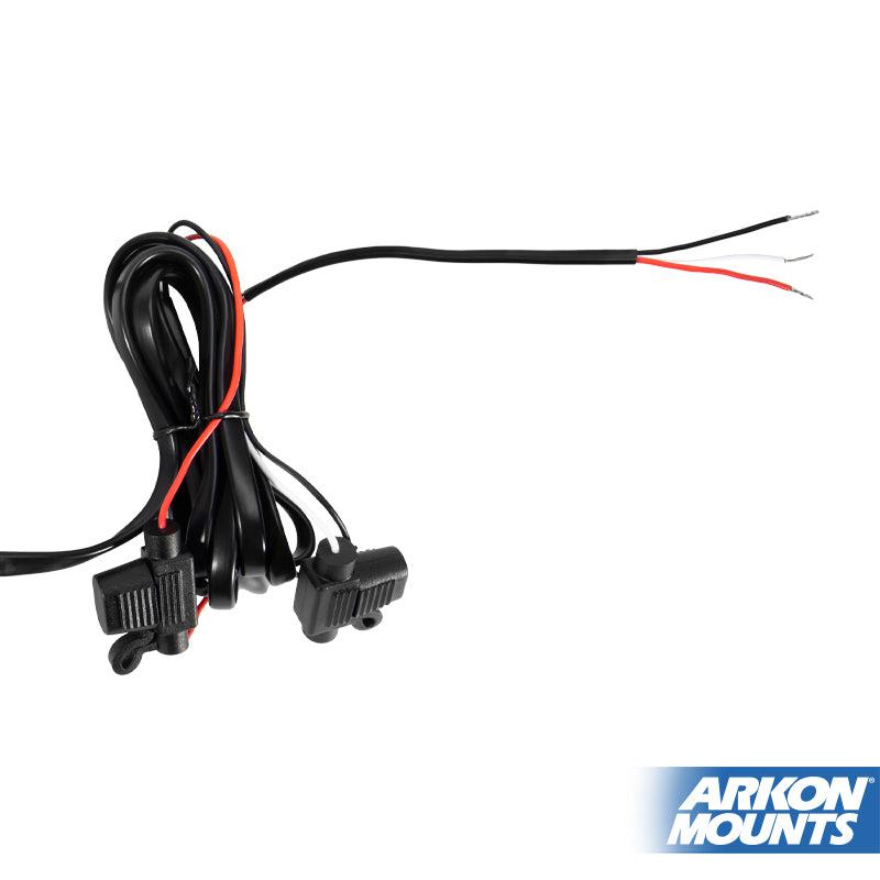 The Quick Charge Hardwire Vehicle Power Adapter with In-Line Fuse is a coiled black and red adapter with exposed wire ends and two in-line fuse holders, ideal for fleet trucks. Arkon Mounts logo appears in the bottom right corner.