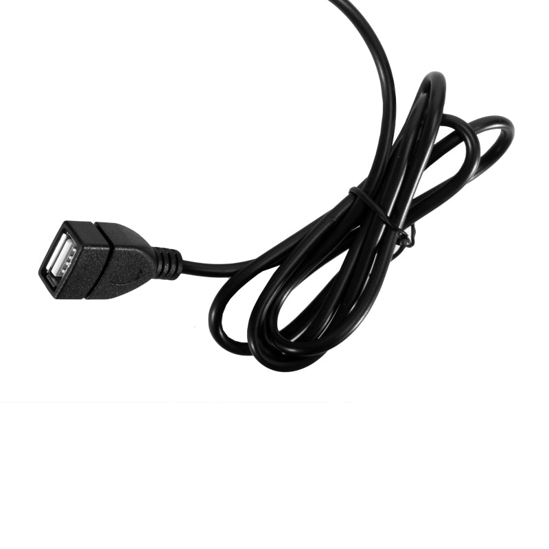 A black USB-A female extension cable, coiled neatly, is shown with the Quick Charge Hardwire Vehicle Power Adapter with In-Line Fuse for use in fleet trucks, displayed against a white background.