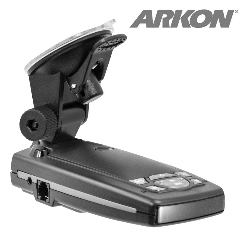 A black Arkon Radar Detector Mount for Windshield, featuring a suction mount, adjustment knob, buttons, and Ethernet port, shown on a white background with the ARKON logo; compatible with Rocky Mountain Phantom-T.