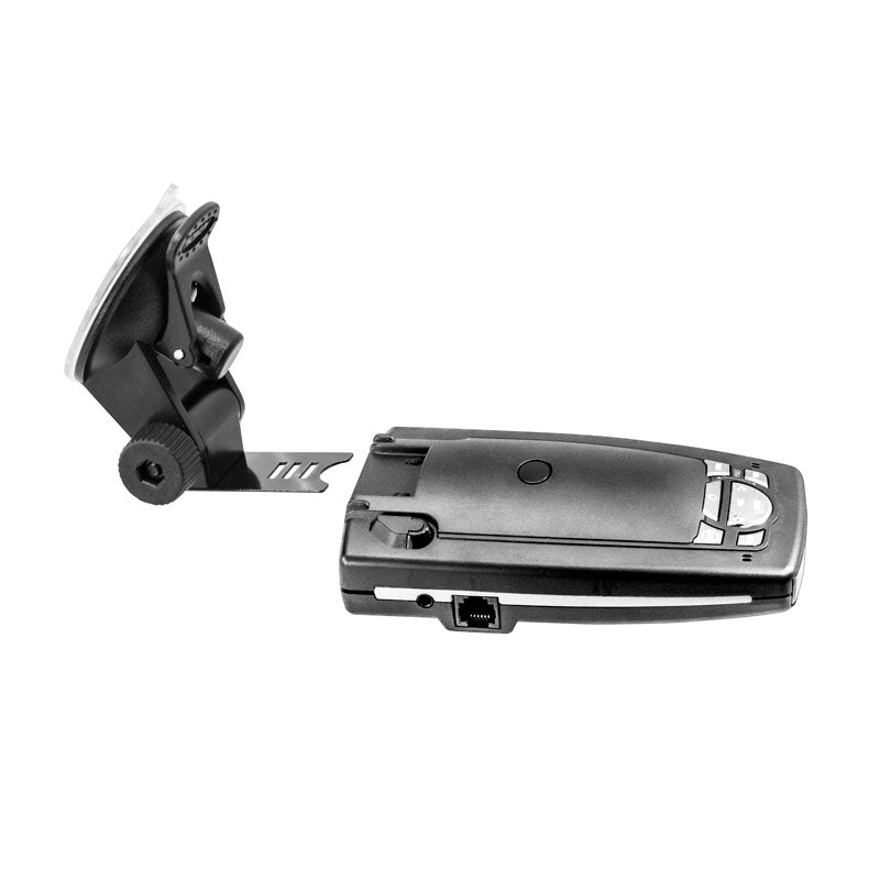 A black flip phone and a Radar Detector Mount for Windshield with suction mount and adjustable arm, compatible with Rocky Mountain Phantom-T, are shown detached on a white background.