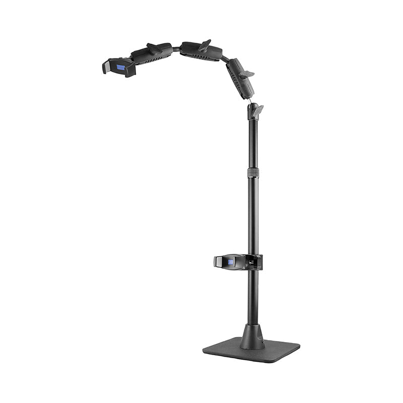 The Remarkable Creator™ Cookie Decorators Mount Stand for Phones and Pico Projectors is a black, adjustable stand with multiple joints, clamps, and a sturdy base—perfect for projecting cookie designs or capturing overhead content.