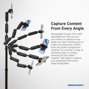 The Remarkable Creator™ Cookie Decorators Mount Stand for Phones and Pico Projectors holds your smartphone with 360° rotation for versatile content creation. Capture every angle. Arkon Mounts logo appears bottom right.