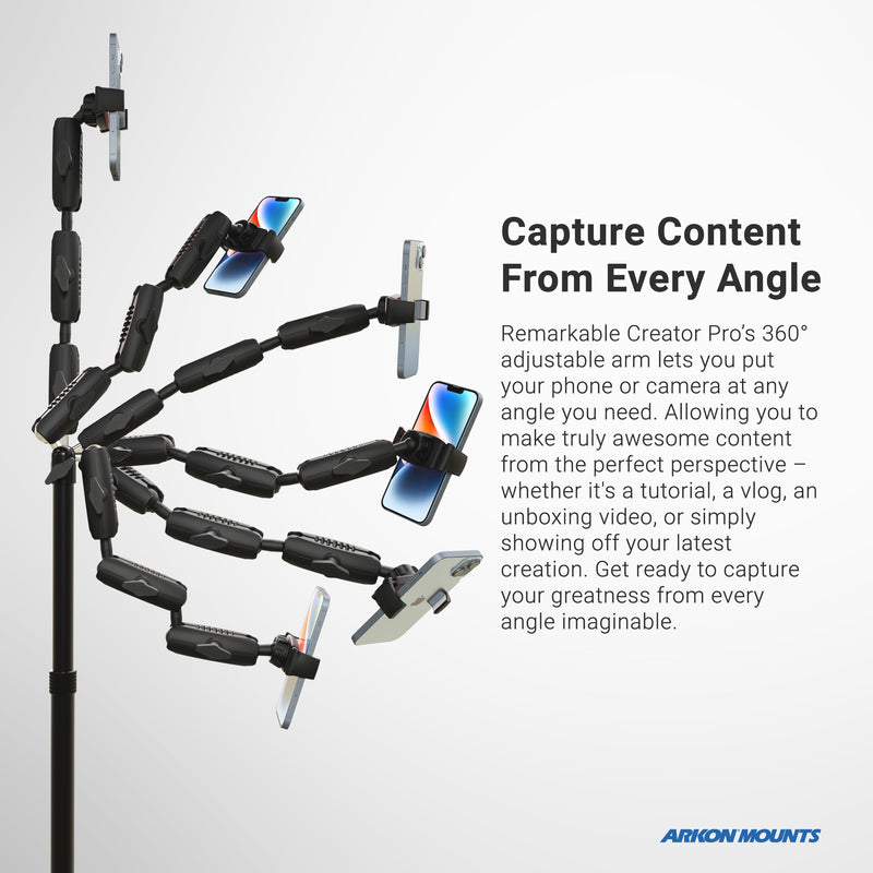 The Remarkable Creator™ Cookie Decorators Mount Stand for Phones and Pico Projectors holds your smartphone with 360° rotation for versatile content creation. Capture every angle. Arkon Mounts logo appears bottom right.