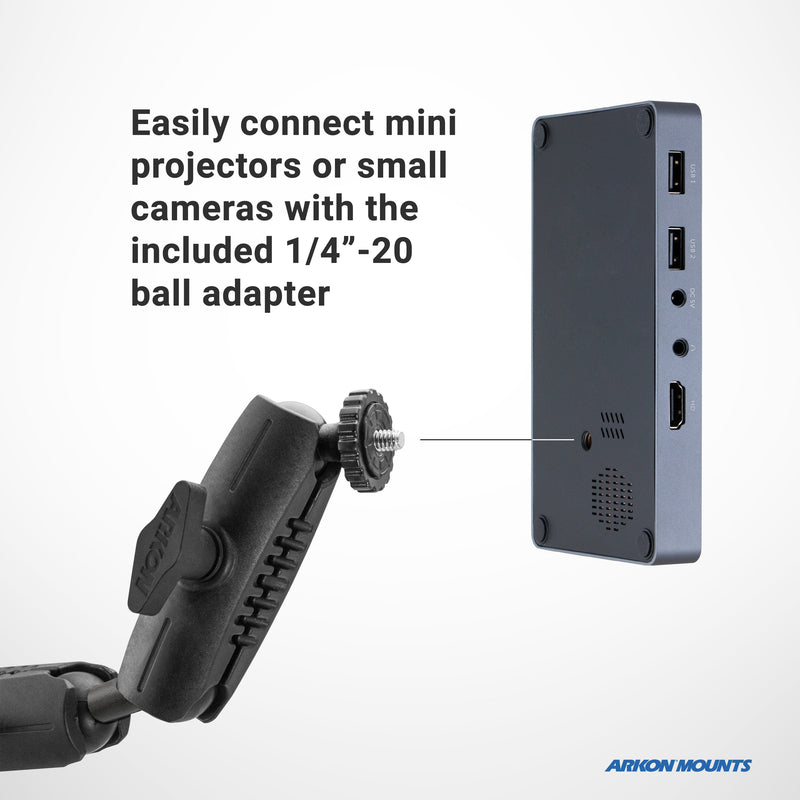 Easily connect mini projectors or small cameras to the Remarkable Creator™ Cookie Decorators Mount Stand for Phones and Pico Projectors using the included 1/4”-20 ball adapter. Arkon Mounts logo is featured in the corner.