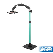 The Remarkable Creator™ Pro Mount for Phone or Camera features a teal extension pole, black vibration-resistant base, and flexible arm securely holding a smartphone. ARKON MOUNTS logo appears at the bottom right corner.