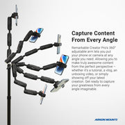 The Remarkable Creator™ Pro Mount for Phone or Camera with Teal Extension Pole features a black adjustable arm and vibration-resistant base, holding your device in many positions with 360° rotation to capture content from any angle, shown with descriptive text on the right.