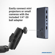 The Remarkable Creator™ Pro Mount for Phone or Camera with Teal Extension Pole is shown attaching easily to a compact device using its 1/4-20 ball adapter. Arkon Mounts logo and text are visible, highlighting compatibility with mini projectors or cameras.