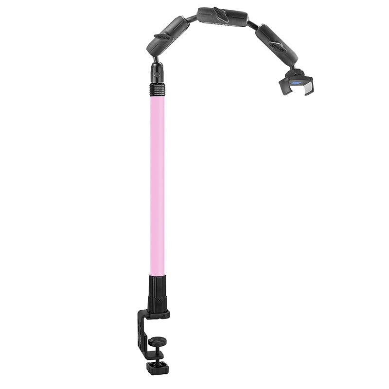 The Remarkable Creator™ Pro Stand with Clamp Base and Pink Extension Pole is a flexible, adjustable black and pink phone holder that attaches to desks or tables—ideal as an overhead mount for hands-free video recording.