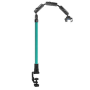 The Remarkable Creator™ Pro Stand with Clamp Base features a teal extension pole, adjustable joints, and a phone holder for hands-free vlogging—perfect for creators.