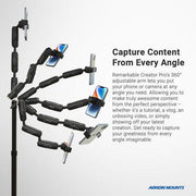 The Remarkable Creator™ Pro Stand with Clamp Base and Teal Extension Pole features a flexible, segmented arm for 360° phone adjustability—perfect for vlogging from all angles. Highlights focus on its versatility, with Arkon Mounts branding at the bottom.
