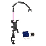The Remarkable Creator™ Pro+Plus Clamp Mount with Pink Extension Pole features a flexible phone/camera mount, clamp base, phone grip, shown with a blue pouch, USB ring light, and glasses—perfect for creator videos.