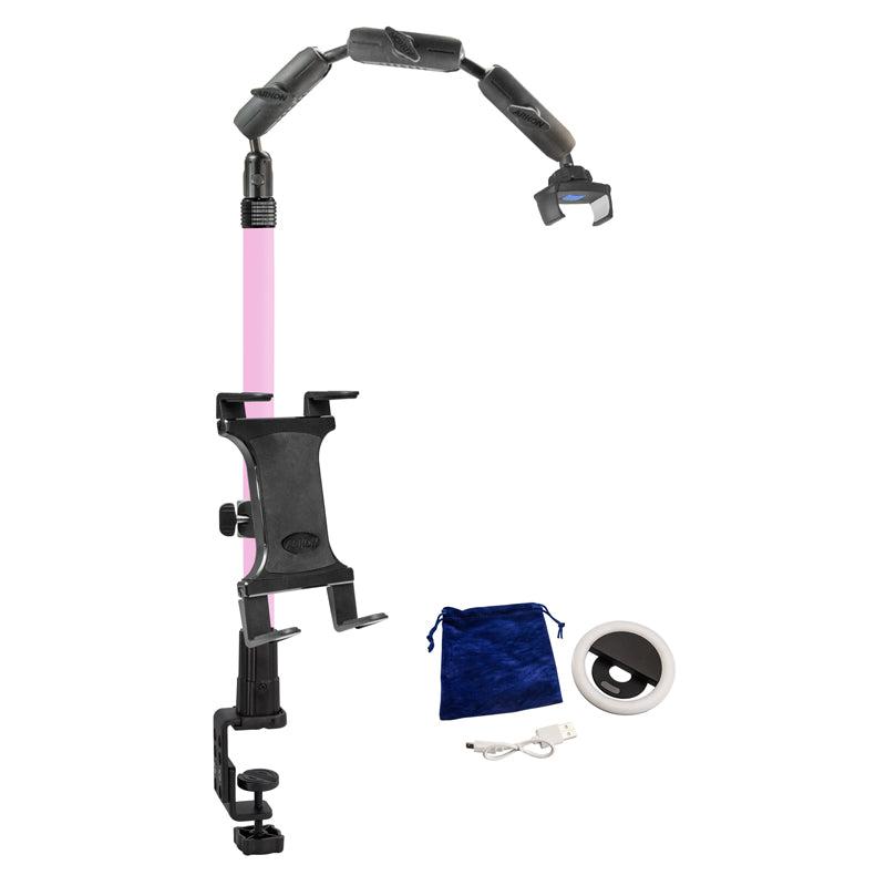 The Remarkable Creator™ Pro+Plus Clamp Mount with Pink Extension Pole features a flexible phone/camera mount, clamp base, phone grip, shown with a blue pouch, USB ring light, and glasses—perfect for creator videos.