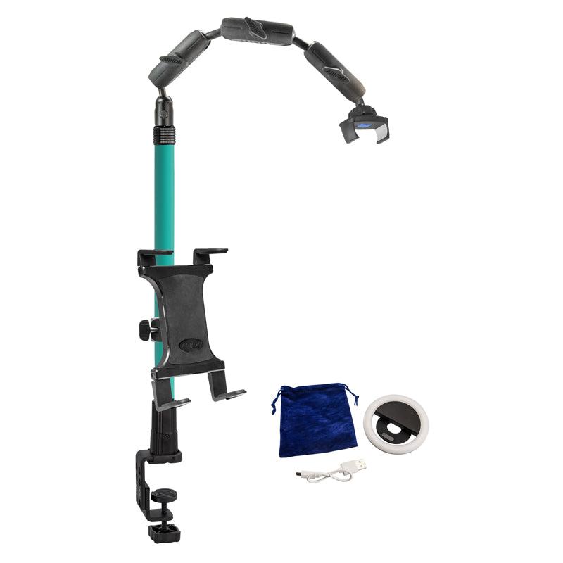 The Remarkable Creator™ Pro+Plus Clamp Mount with Teal Extension Pole features a phone mount, heavy-duty clamp base, and flexible arm, shown with a blue drawstring pouch, ring light, USB cable, and glasses.